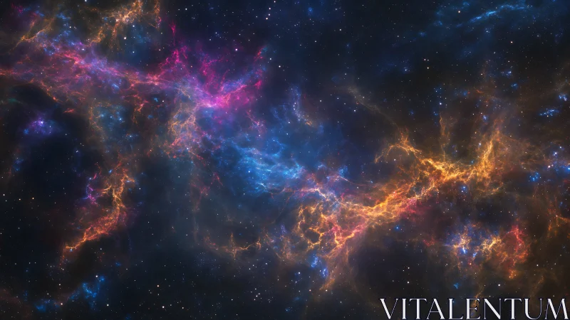 Multicolored interstellar nebula with diffuse gas filaments.