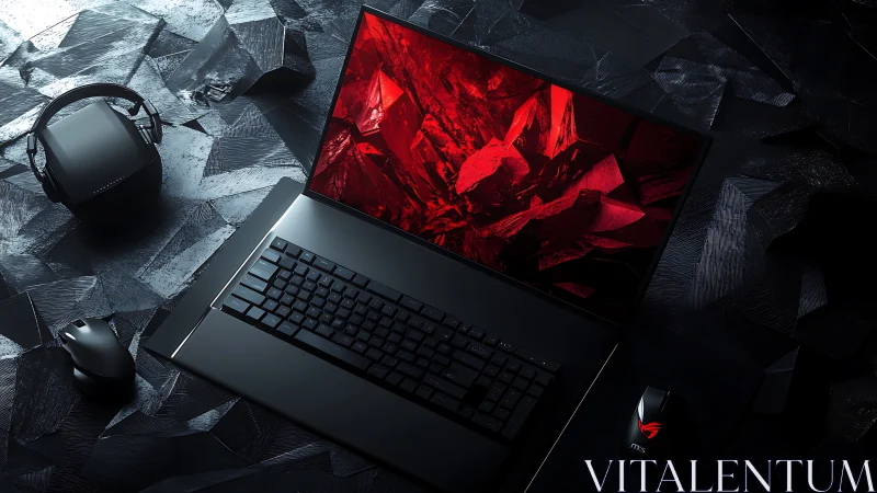 3D-rendered gaming laptop rig on faceted dark geometric surface.