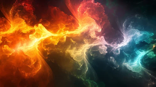 Elemental nebula streams collide in radiant color storm.