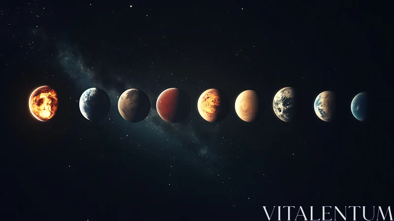 Row of stylized exoplanets aligned against deep space background.