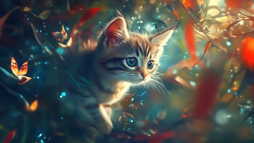 Kitten with Butterflies in Luminescent Environment