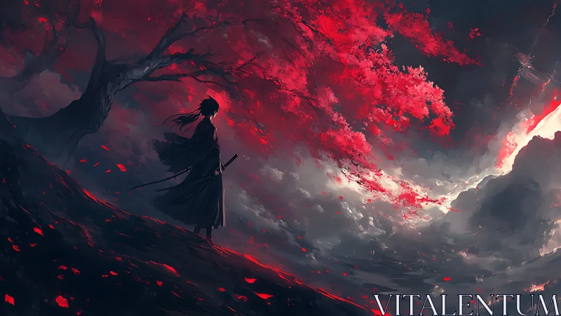 Lone samurai under crimson tree against stormy sky.