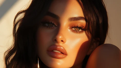 Sunlit close-up portrait shows warm-toned flawless beauty