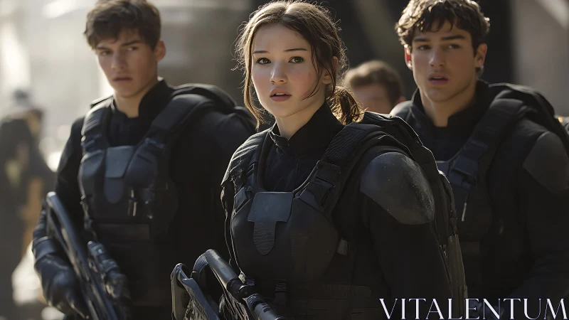 Young squad of armed cadets pauses with quiet resolve