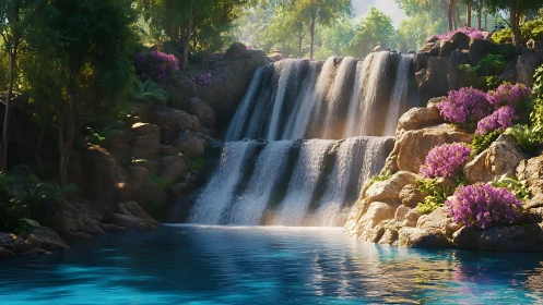 Layered forest waterfall with chromatic floral rock terraces.