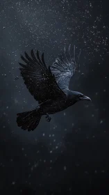 Nocturnal corvid in high-contrast snowfall flight study.