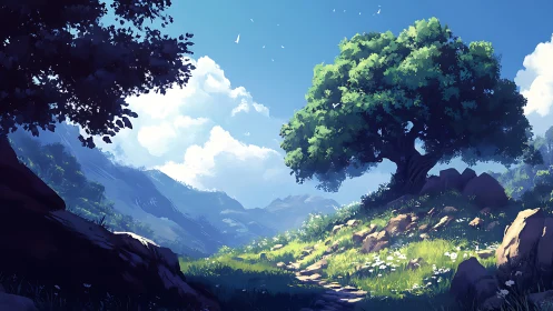 Sunlit hillside path under a tranquil, sheltering tree.