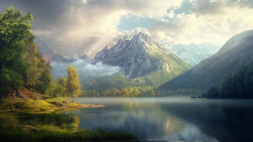 Mountain lake reflects sunlit peaks and misted forest valley.