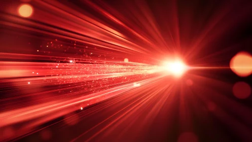 Bright red laser beam with glowing particles, digital abstract style.