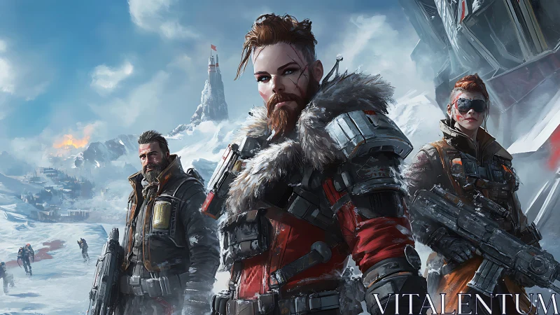 Post apocalyptic strike team in arctic battlefield concept art.