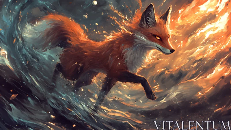 Fox moving through stylized water and fire environment.