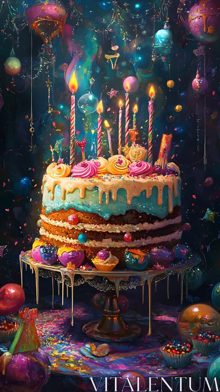 Magical Birthday Cake with Glowing Candles and Neon Orbs.