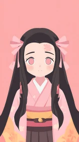 Anime girl in pink kimono on plain monochrome background.