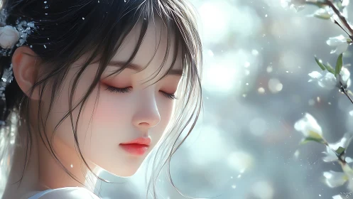 Softly dreaming girl listens to snowlight between blossoms