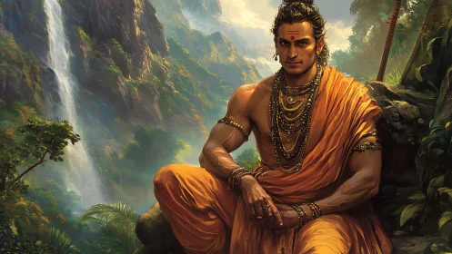 Monastic warrior seated in orange robes before rainforest falls