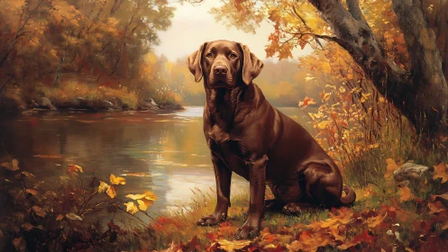 Autumn river sentinel, a chocolate lab in painted gold light.