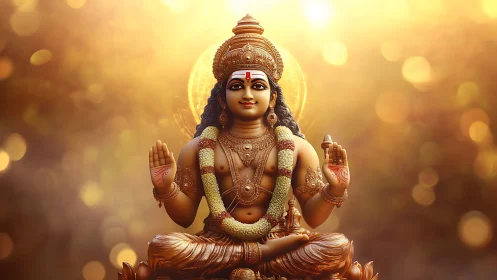 Digital rendering shows seated Hindu deity with warm halo glow
