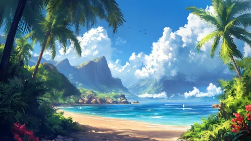 Tropical coastal landscape with mountainous backdrop and beach setting