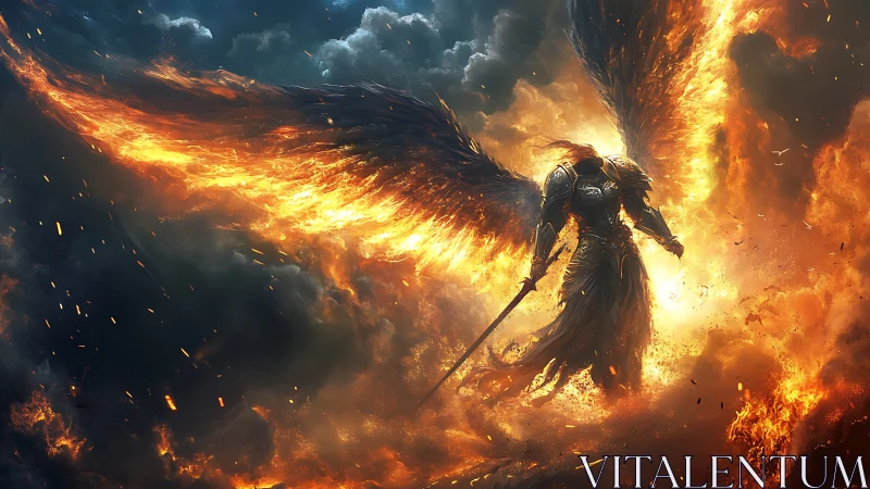 Fiery winged guardian rising from stormlit embers in glory.