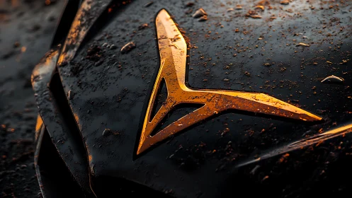 Golden automotive emblem gleams on rain soaked hood.