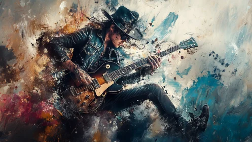 Electric guitarist leaps through swirling colors and sound