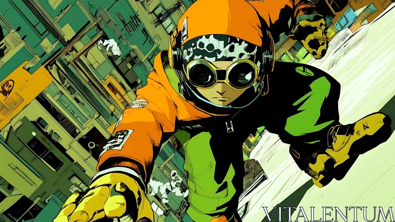 Hooded skater in goggles leans forward across tilted city street