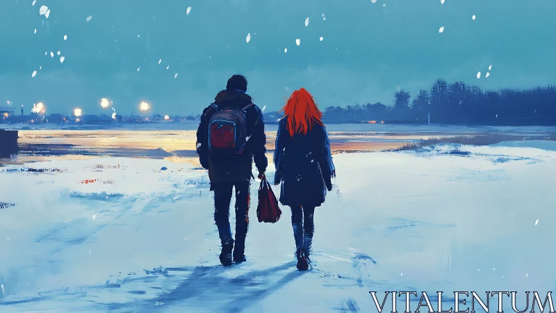 Couple crosses winter airfield under distant runway lights.