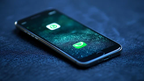 Smartphone with messaging app icons on textured dark fabric