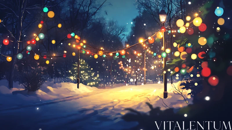 Snow-covered park path under multicolored winter lights.