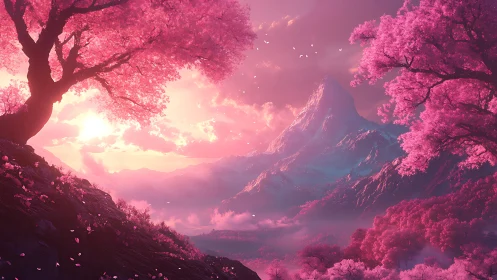 Pink forest valley surrounds distant mountain under sunset light