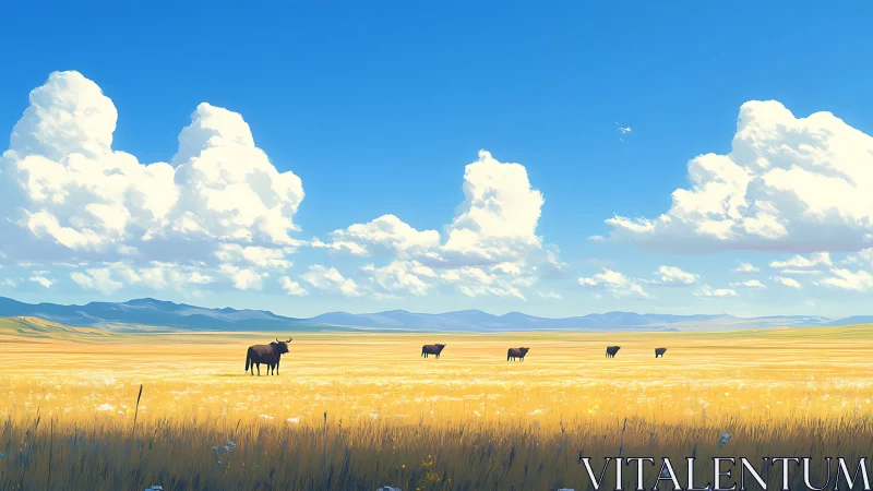 Golden prairie with grazing cattle under towering clouds.