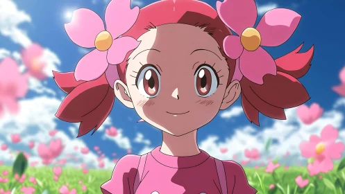 Smiling anime girl with pink flowers in sunny field.