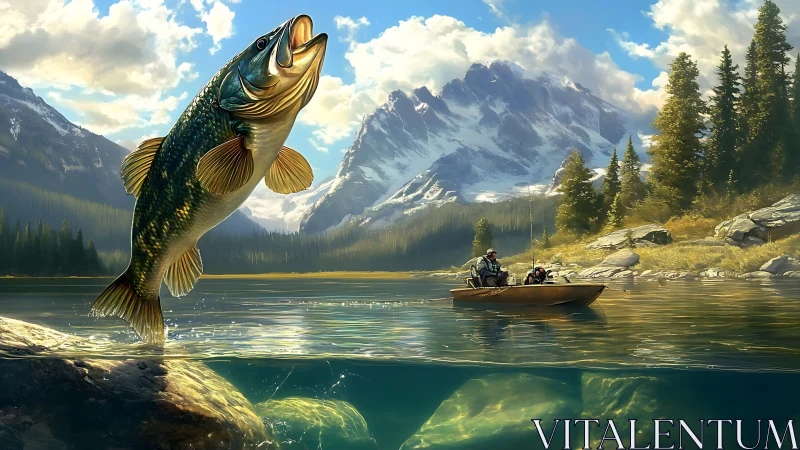 Largemouth bass leap in alpine lake with anglers boating nearby.