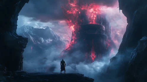 Lone wanderer before the crimson stormtower of mist.