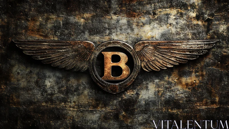 Winged metallic B emblem is centered on corroded metal wall