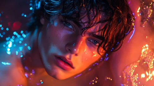 Neon-lit wet portrait isolates a moody face in bicolor glow
