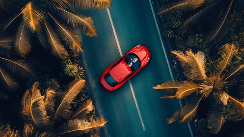 Aerial view isolates a red sports car amid tropical foliage