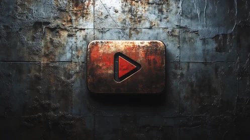 Industrial metal play icon on distressed concrete wall surface.