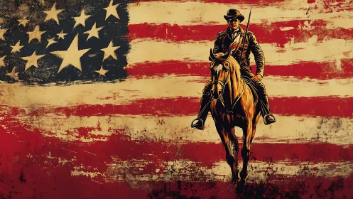Lone cavalry rider advances over distressed American flag backdrop