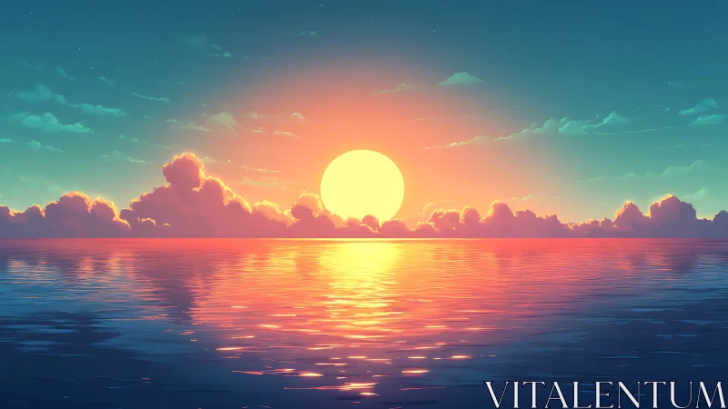 Radiant digital seascape sunset over glowing horizon clouds.