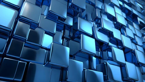 Reflective blue metal cubes form dense geometric surface