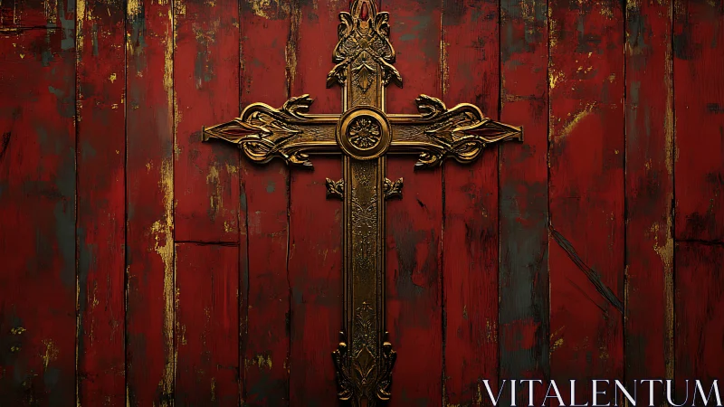 Ornate golden cross on distressed red wooden boards.