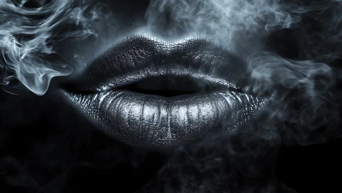 Metallic lips emerge from swirling smoke in moody monochrome