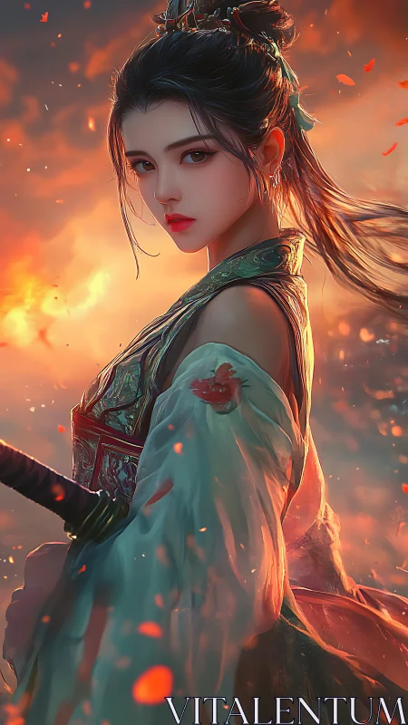 Blade-bright warrior maiden amid ember-kissed twilight.