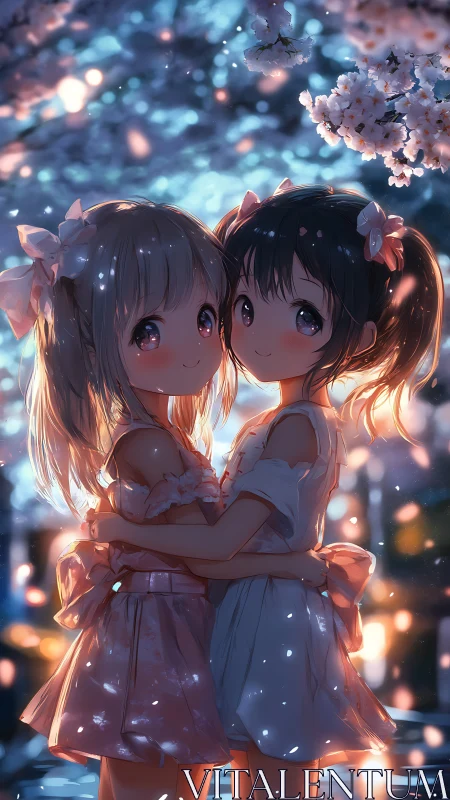 Anime girls embrace under glowing cherry blossom evening