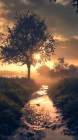 Golden sunrise tree by a gentle country stream at dawn.