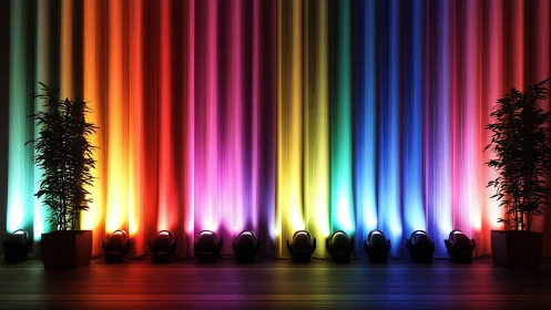 Stage curtain glows with vivid rainbow uplighting symmetry.