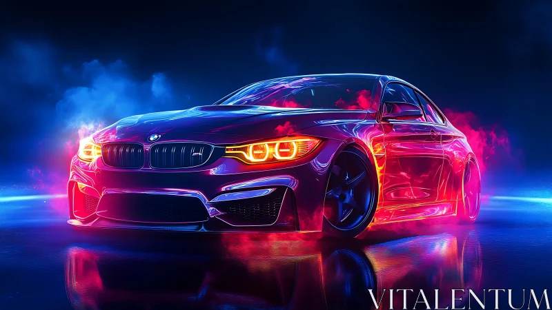 Neon lit sports car rendered in vivid reflective colors