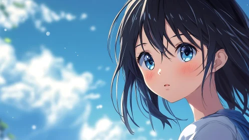 Summer sky gaze of blue-eyed anime girl in sunlight.