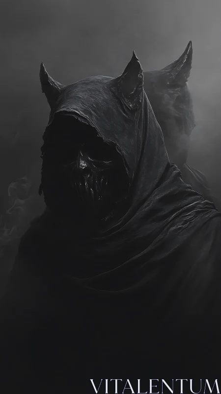 Hooded horned wraiths in dark misty monochrome scene.